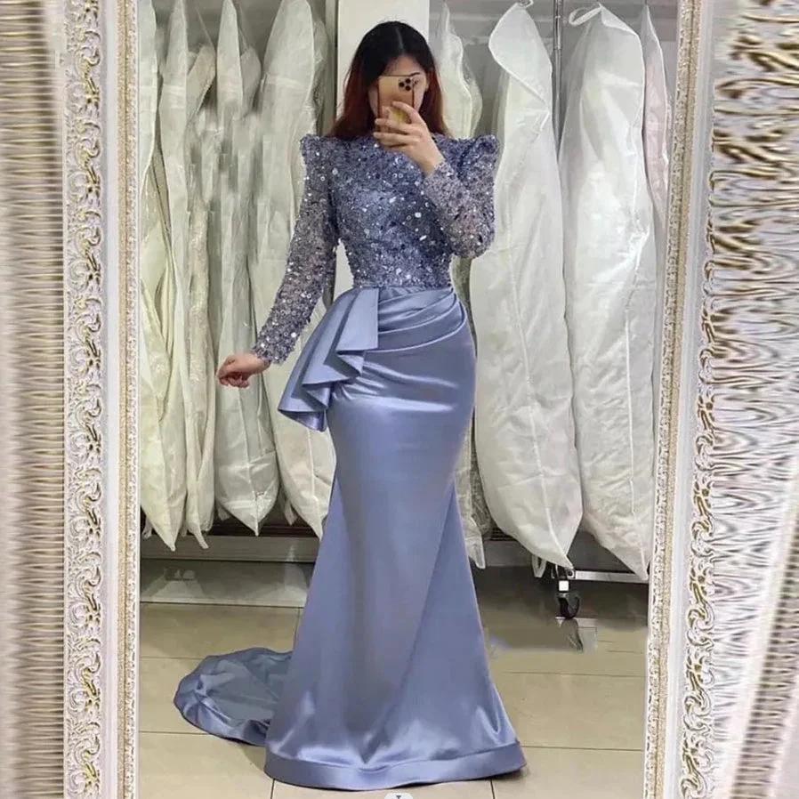 Glamorous Lavender Long Mermaid High Neck Beading Prom Dress With Long Sleeves - Image 2