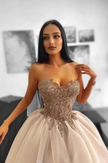 Glamorous Long A-line Beading Sleeveless Tulle Sweetheart Prom Dresses with Lace - Image 2