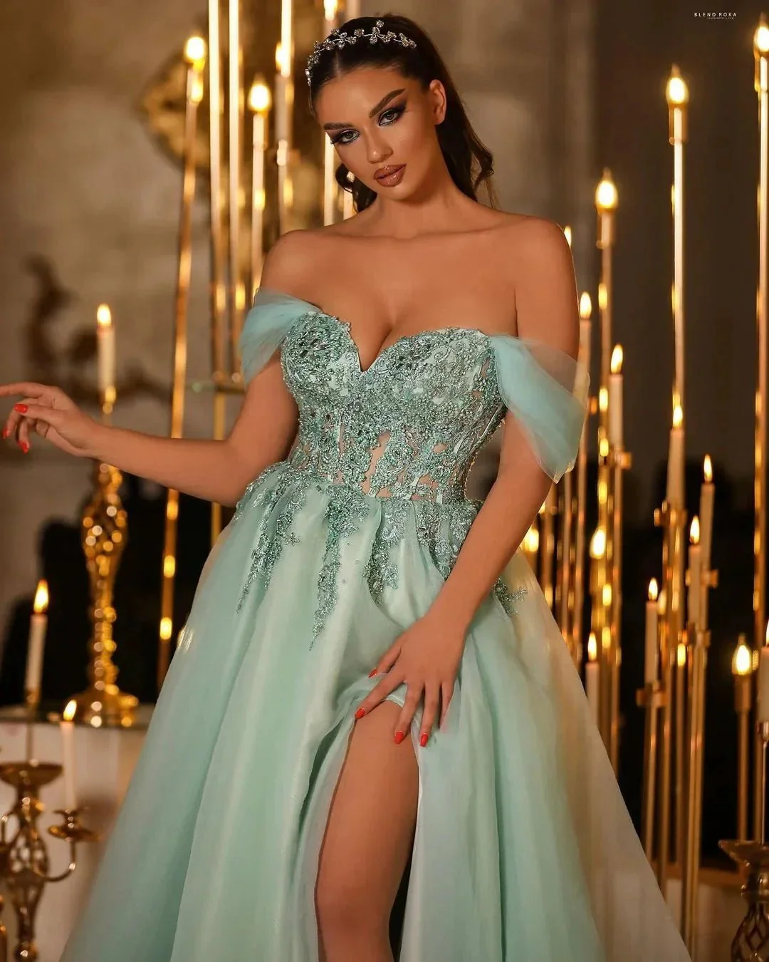 Glamorous Long A-line Off-the-shoulder Lace Beading Prom Dress With Slit - Image 2