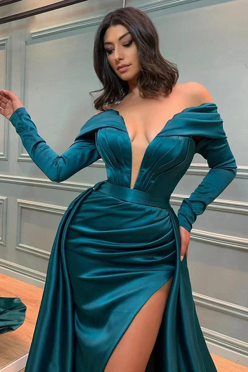 Glamorous Long A-line Off-the-shoulder V-neck Satin Prom Dress With Long Sleeves - Image 2