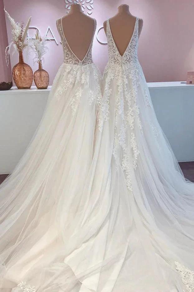 Glamorous Long A-Line Open Back Tulle Appliques Lace Wedding Dress - Image 2