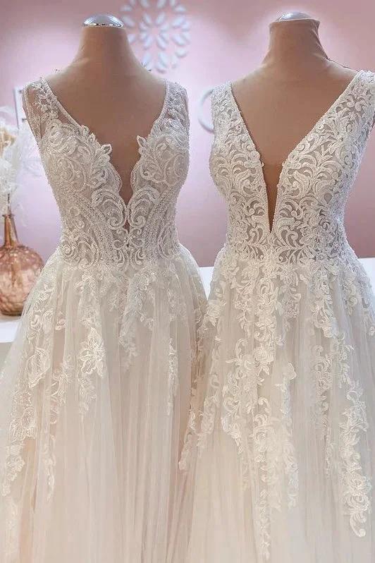 Glamorous Long A-Line Open Back Tulle Appliques Lace Wedding Dress - Image 3