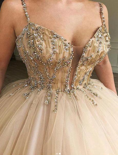 Glamorous Long Ball Gown Spaghetti Straps Beaded Tulle Prom Dresses - Image 2