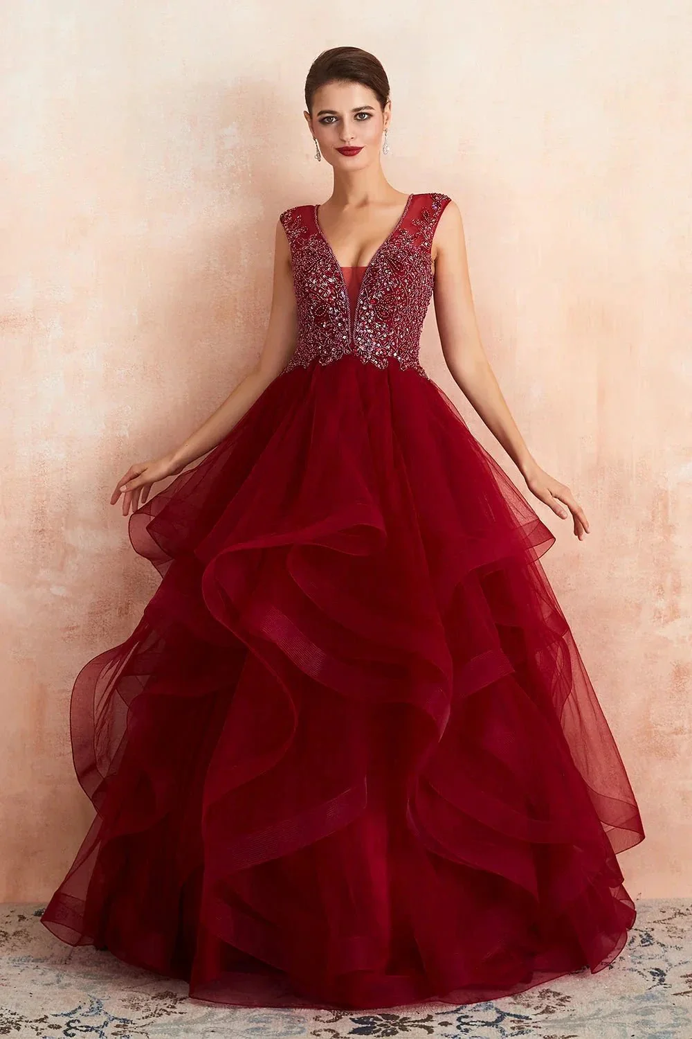 Glamorous Long Ball Gown V-neck Tulle Burgundy Prom Dress - Image 2