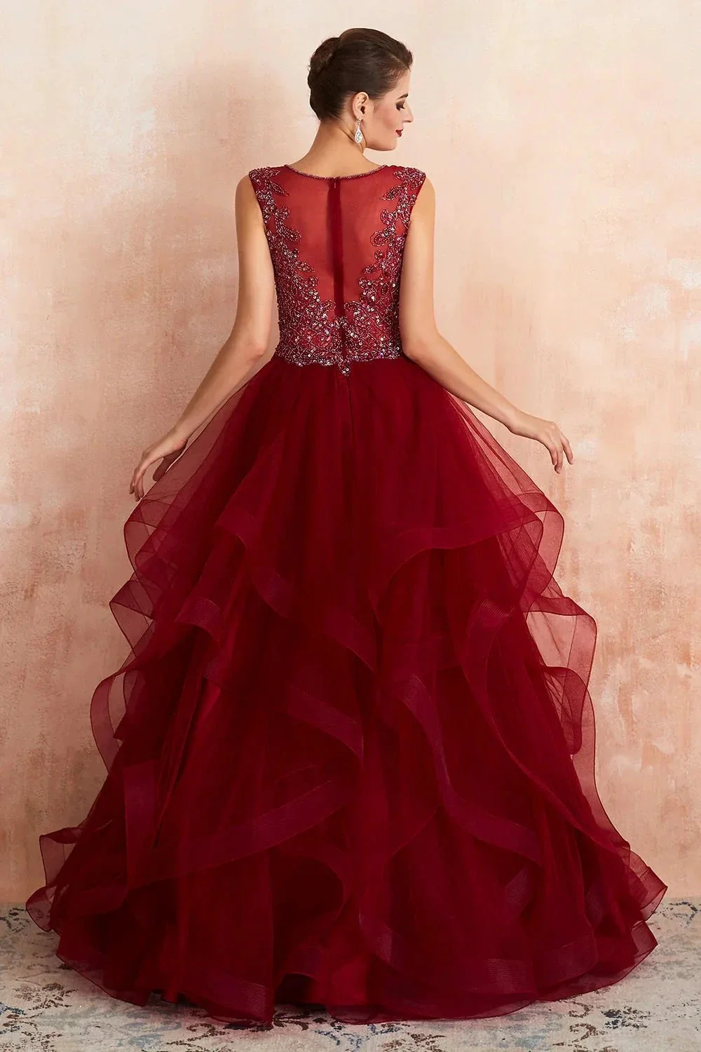 Glamorous Long Ball Gown V-neck Tulle Burgundy Prom Dress - Image 3