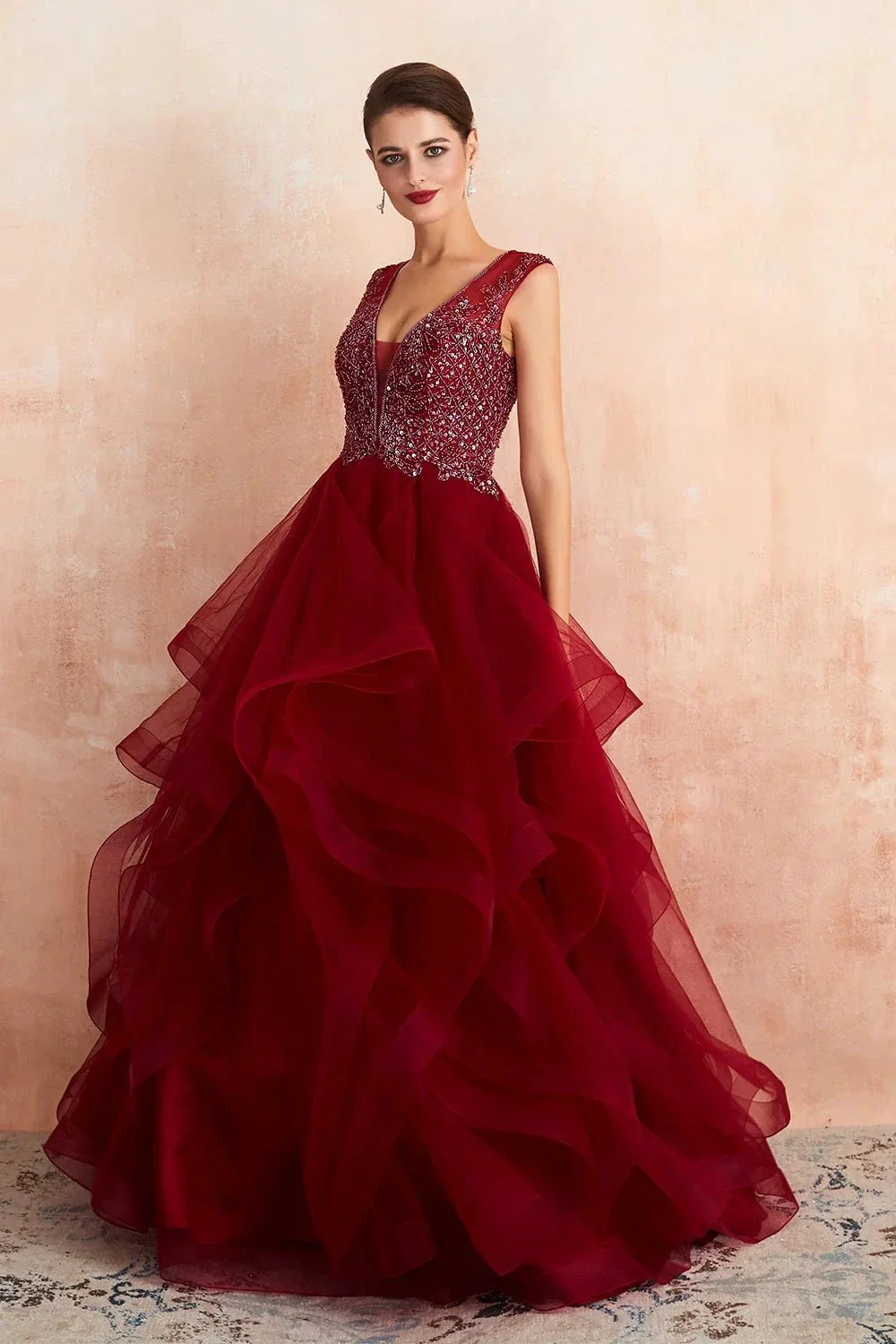 Glamorous Long Ball Gown V-neck Tulle Burgundy Prom Dress - Image 4