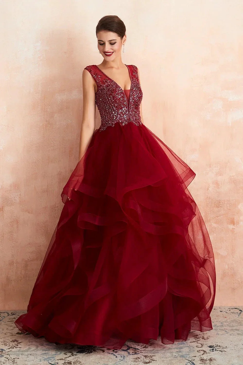 Glamorous Long Ball Gown V-neck Tulle Burgundy Prom Dress - Image 5