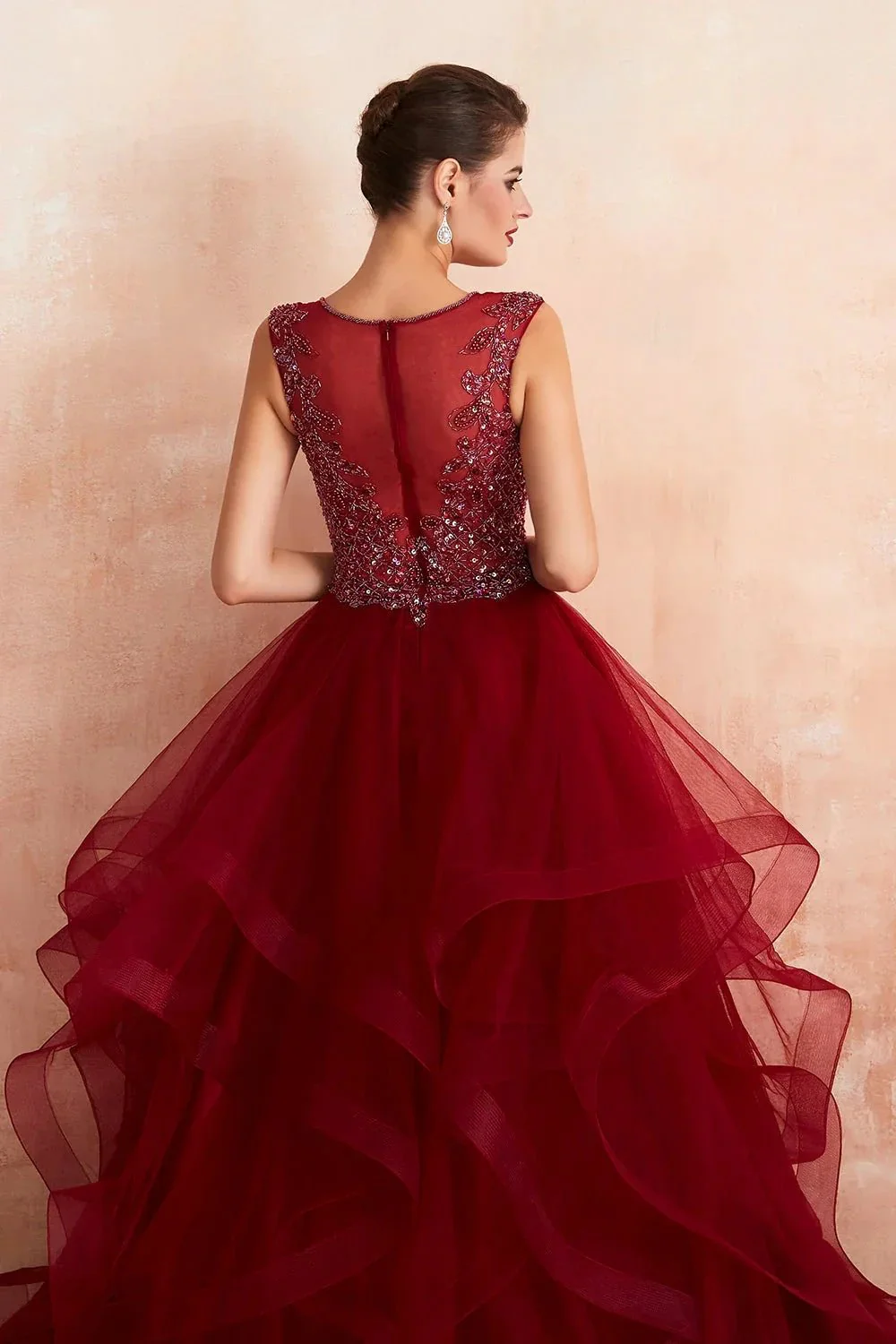 Glamorous Long Ball Gown V-neck Tulle Burgundy Prom Dress - Image 8