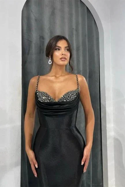 Glamorous Long Black Spaghetti Straps Mermaid Evening Dress With Glitter - Image 3