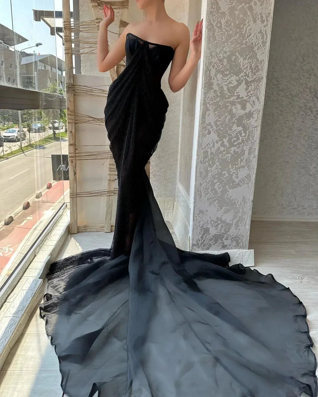 Glamorous Long Black Strapless Split Front Prom Dress - Image 2