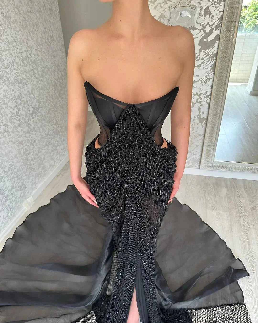 Glamorous Long Black Strapless Split Front Prom Dress - Image 3