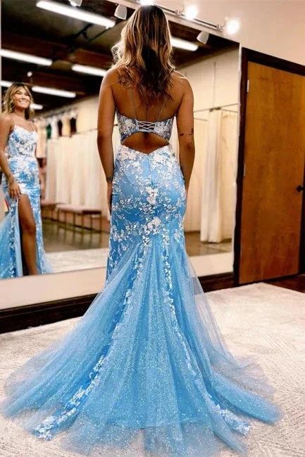 Glamorous Long Blue Glitter Lace Mermaid Sleeveless Prom Dresses With Slit - Image 2