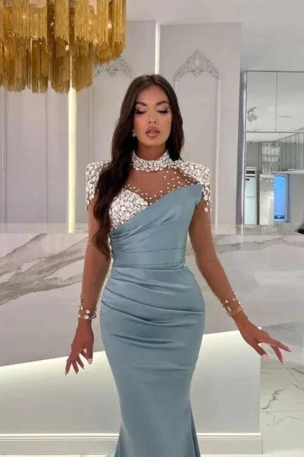 Glamorous Long Blue Mermaid High Neck Glitter Satin Prom Dress With Long Sleeves - Image 2
