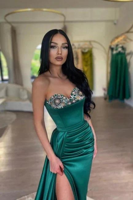 Glamorous Long Dark Green Mermaid Strapless Satin Beading Prom Dress with Slit - Image 2