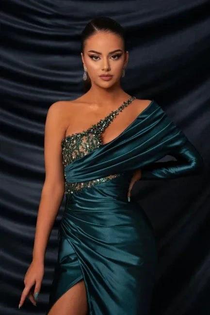 Glamorous Long Dark Green One Shoulder Beading Lace Long Sleeve Prom Dress with Slit - Image 2
