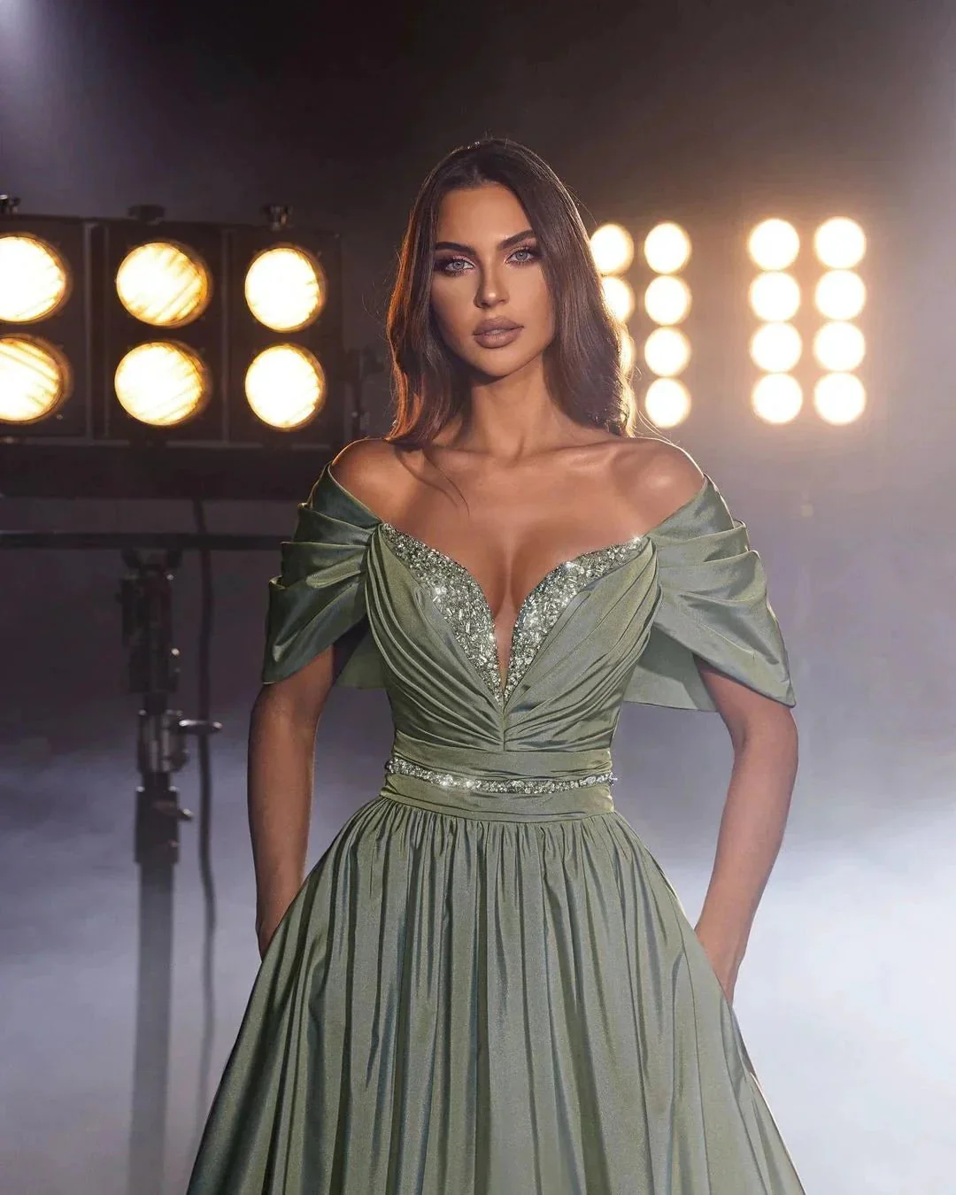 Glamorous Long Dusty Sage A-line Off-the-shoulder Beading Sequined Prom Dress - Image 2