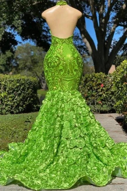 Glamorous Long Green Sequined Halter Flower Mermaid Satin Prom Dress - Image 2