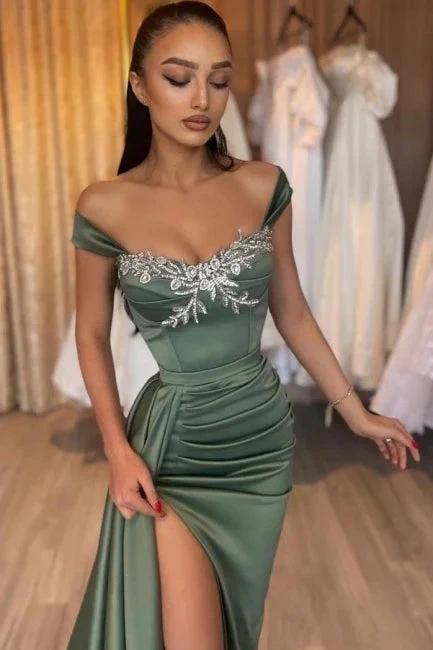 Glamorous Long Green Sleeveless Sexy Lace Satin Prom Dress with Slit - Image 2
