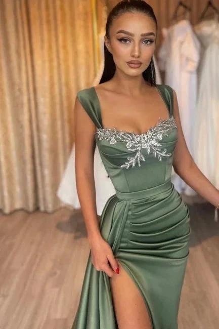 Glamorous Long Green Sleeveless Sexy Lace Satin Prom Dress with Slit - Image 3