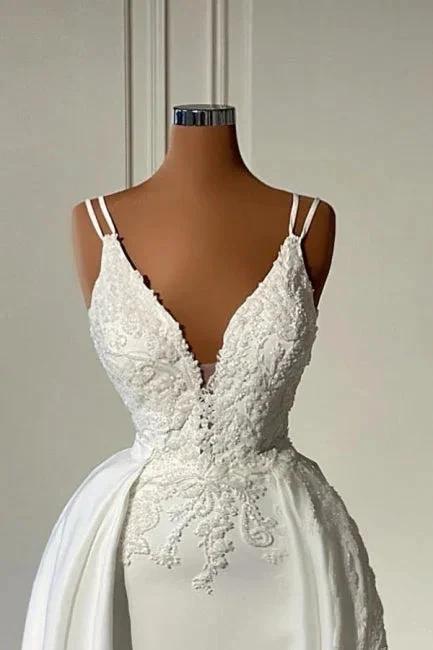 Glamorous Long Ivory A-line V-neck Sleeveless Lace Wedding Dress - Image 2