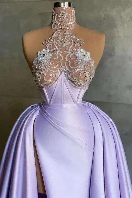 Glamorous Long Lilac A-line High Neck Lace Satin Prom Dress with Slit - Image 2