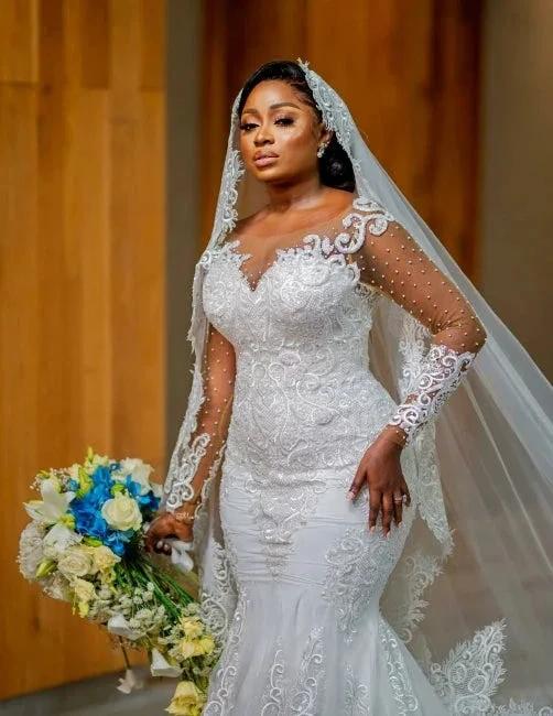 Glamorous Long Mermaid Appliques Long Sleeves Wedding Dresses With Lace - Image 3