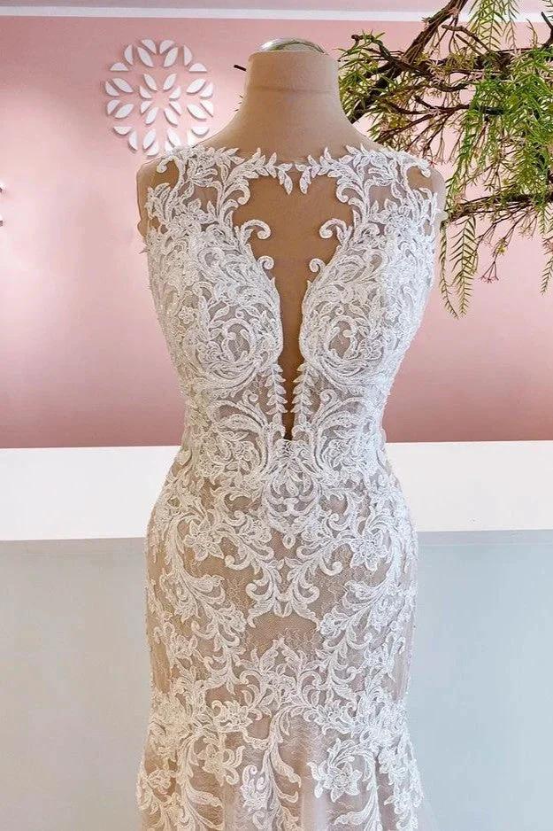Glamorous Long Mermaid Bateau Appliques Lace Tulle Wedding Dress - Image 3