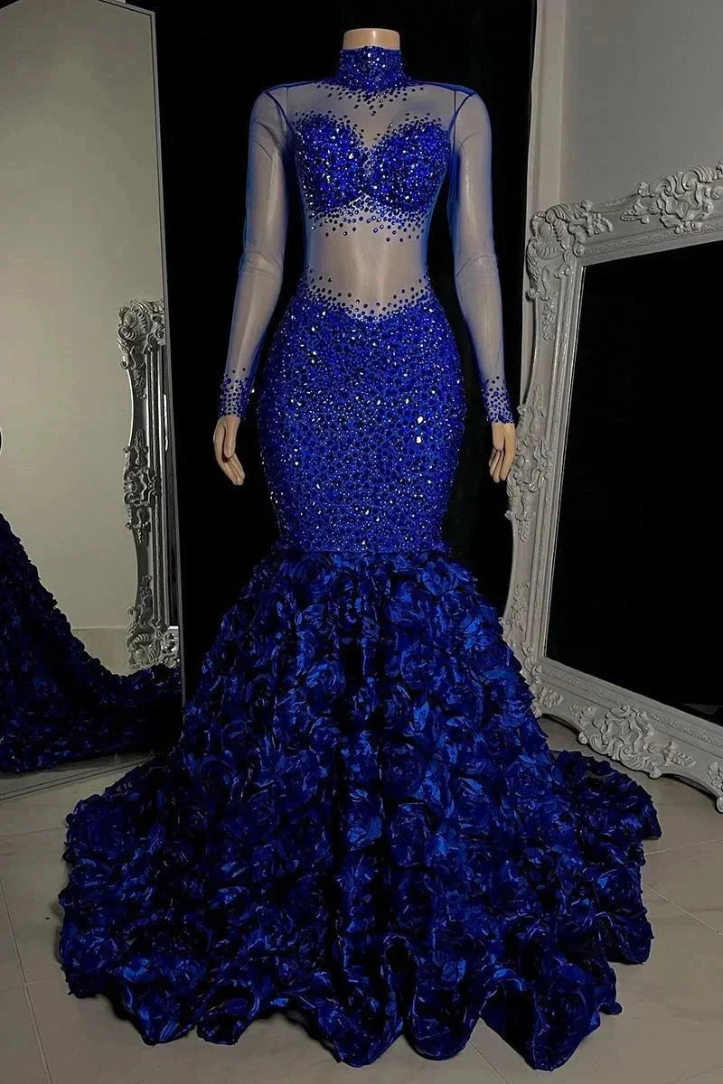 Glamorous Long Mermaid High Neck Flowers Sequined Prom Dress With Long Sleeves - Image 3