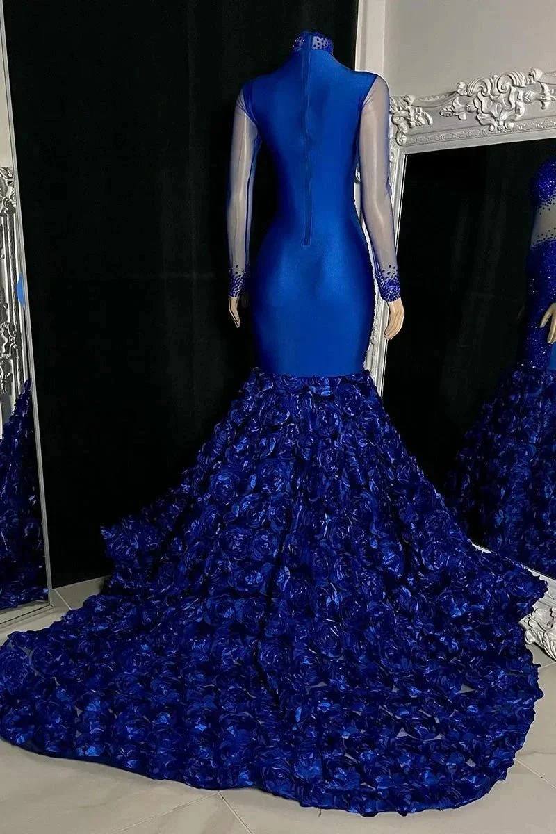 Glamorous Long Mermaid High Neck Flowers Sequined Prom Dress With Long Sleeves - Image 4