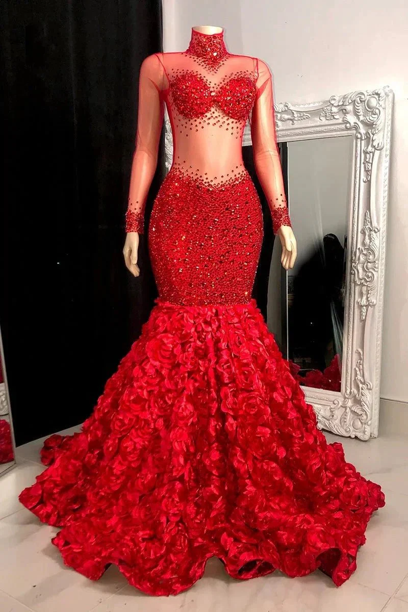 Glamorous Long Mermaid High Neck Flowers Sequined Prom Dress With Long Sleeves - Image 6