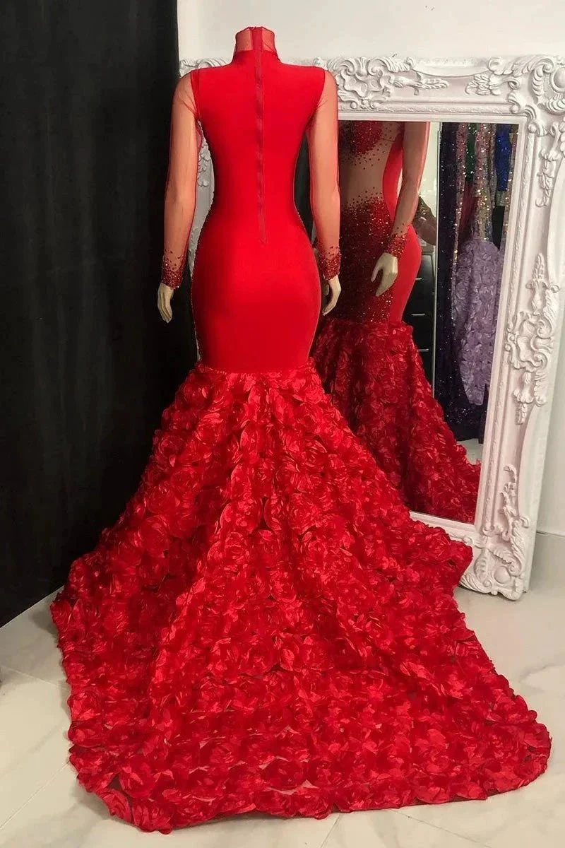Glamorous Long Mermaid High Neck Flowers Sequined Prom Dress With Long Sleeves - Image 7