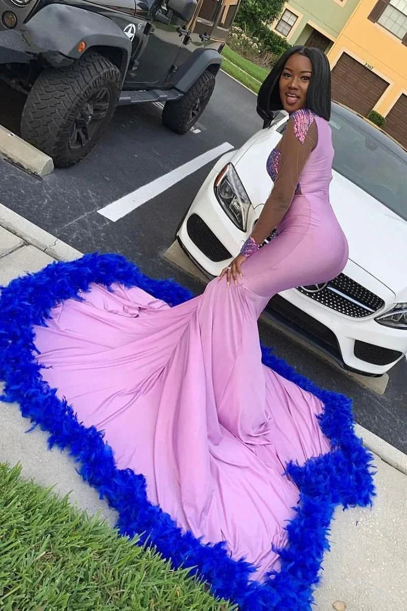 Glamorous Long Mermaid Lace Satin Prom Dress With Long Sleeves - Image 2
