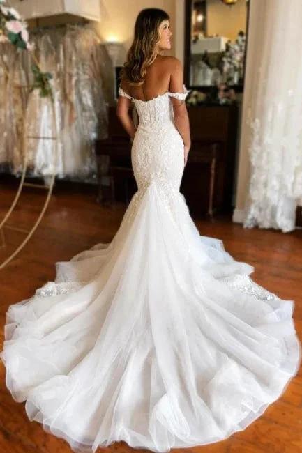 Glamorous Long Mermaid Off-the-shoulder Lace Sleeveless Wedding Dress with Train - Image 2