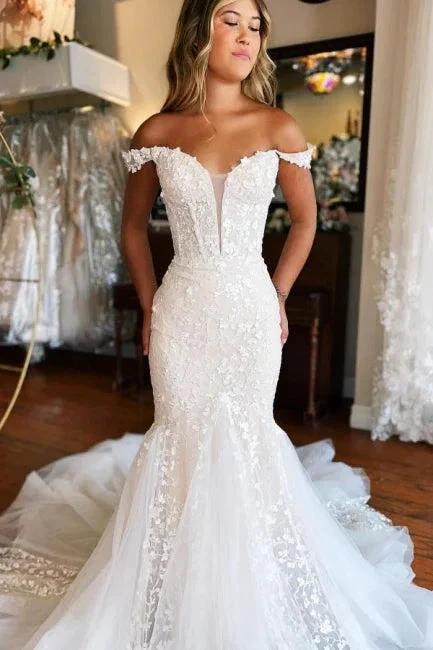 Glamorous Long Mermaid Off-the-shoulder Lace Sleeveless Wedding Dress with Train - Image 3