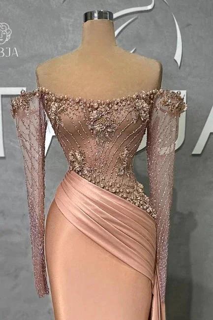 Glamorous Long Mermaid Off-the-shoulder Satin Beading Pearls Prom Dress with Long Sleeves - Image 2