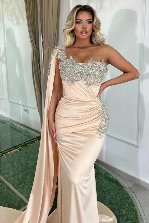 Glamorous Long Mermaid One Shoulder Beading Sleeveless Designer Prom Dress - Image 3