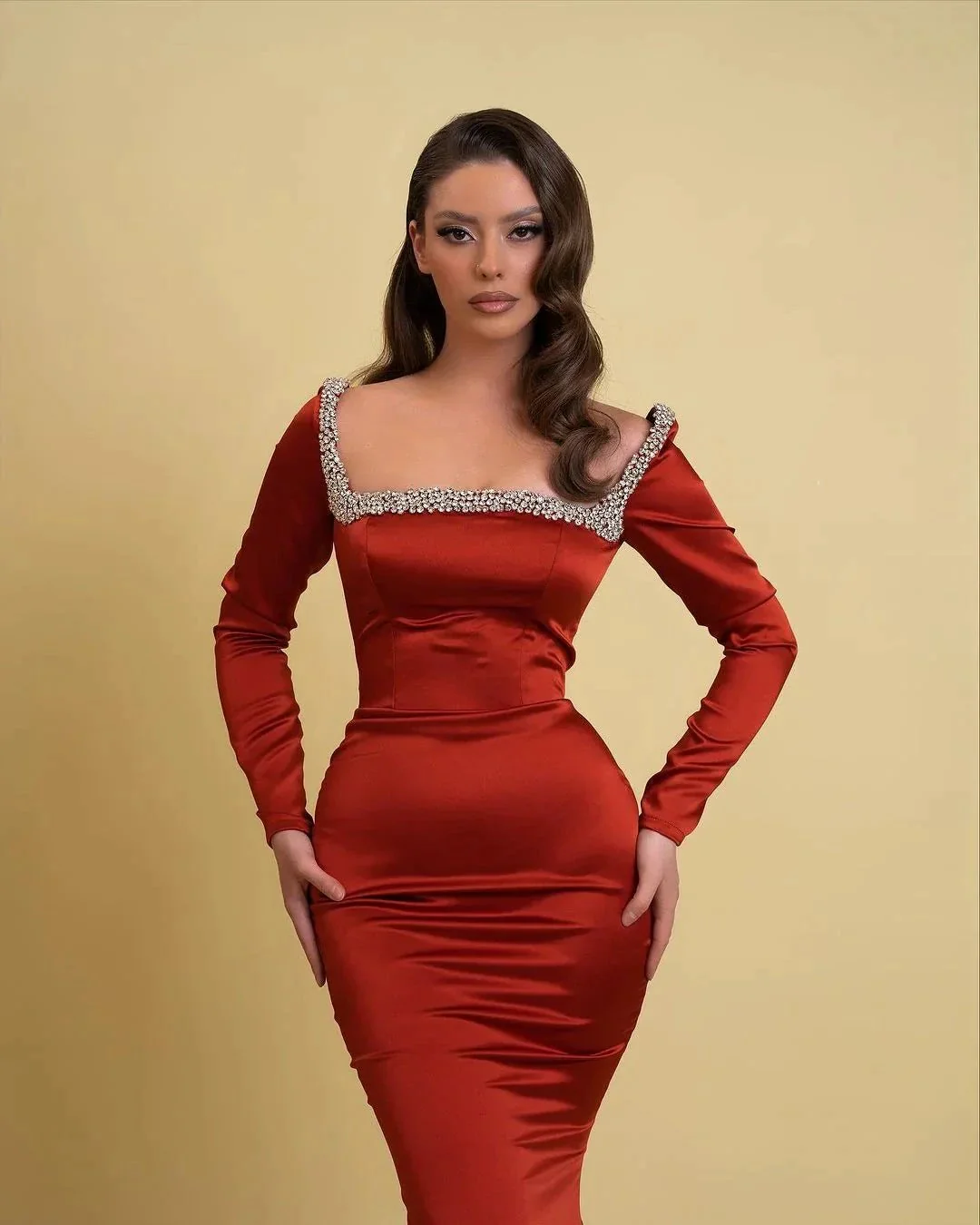 Glamorous Long Mermaid Square Neck Rhinestones Prom Dress With Long Sleeves - Image 3