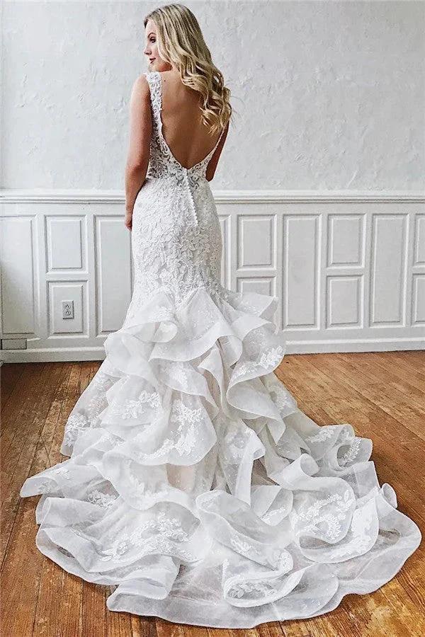 Glamorous Long Mermaid Straps Ruffled Lace Wedding Dresses - Image 2