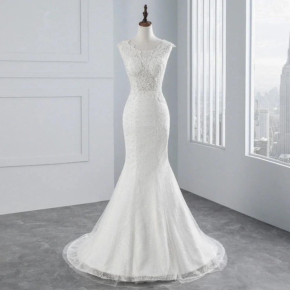 Glamorous Long Mermaid Tulle Appliques Lace Wedding Dress - Image 8