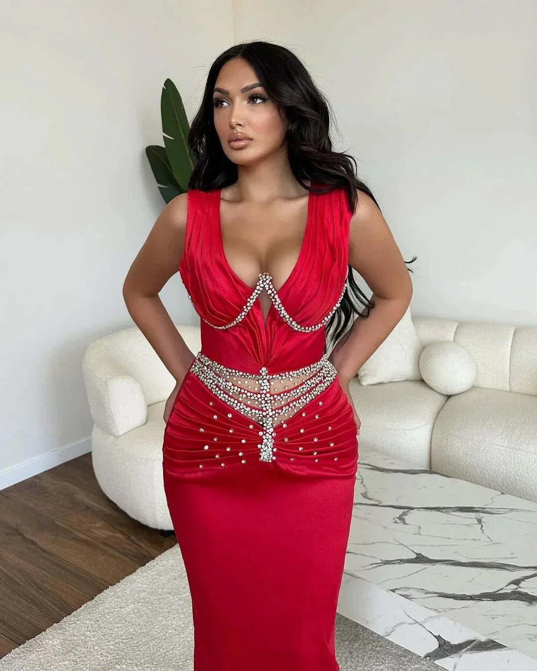 Glamorous Long Mermaid V-neck Rhinestones Sleeveless Prom Dress - Image 2