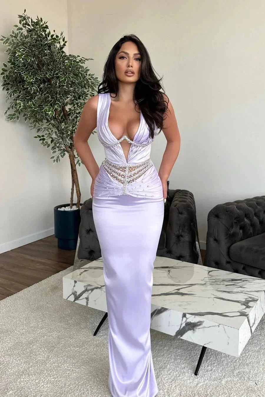 Glamorous Long Mermaid V-neck Rhinestones Sleeveless Prom Dress - Image 3