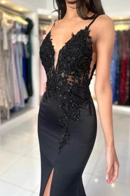 Glamorous Long Mermaid V-neck Spaghetti Straps Lace Prom Dress with Slit - Image 3