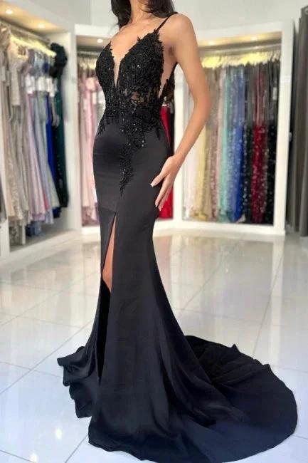 Glamorous Long Mermaid V-neck Spaghetti Straps Lace Prom Dress with Slit - Image 4