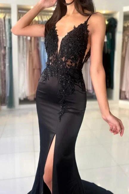 Glamorous Long Mermaid V-neck Spaghetti Straps Lace Prom Dress with Slit - Image 6