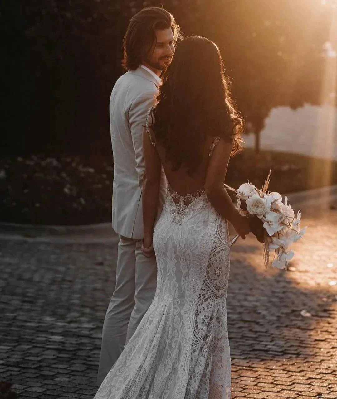 Glamorous Long Mermaid V-neck Wide Straps Appliques Lace Open Back Wedding Dress - Image 3