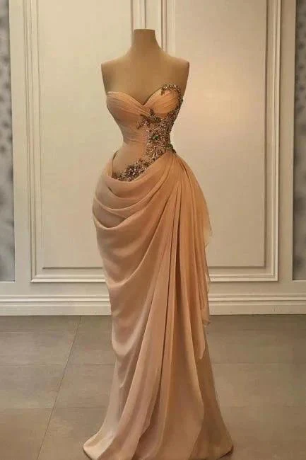 Glamorous Long Peach Strapless Sweetheart Satin Chiffon Sleeveless Prom Dress with Beads
