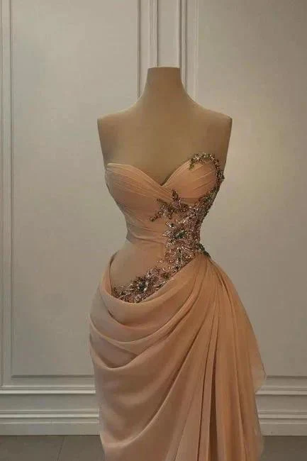 Glamorous Long Peach Strapless Sweetheart Satin Chiffon Sleeveless Prom Dress with Beads - Image 2