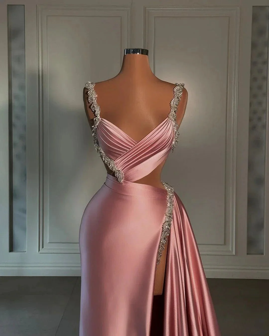 Glamorous Long Pink Straps Satin Split Front Beading Prom Dress With Ruffles - Image 2