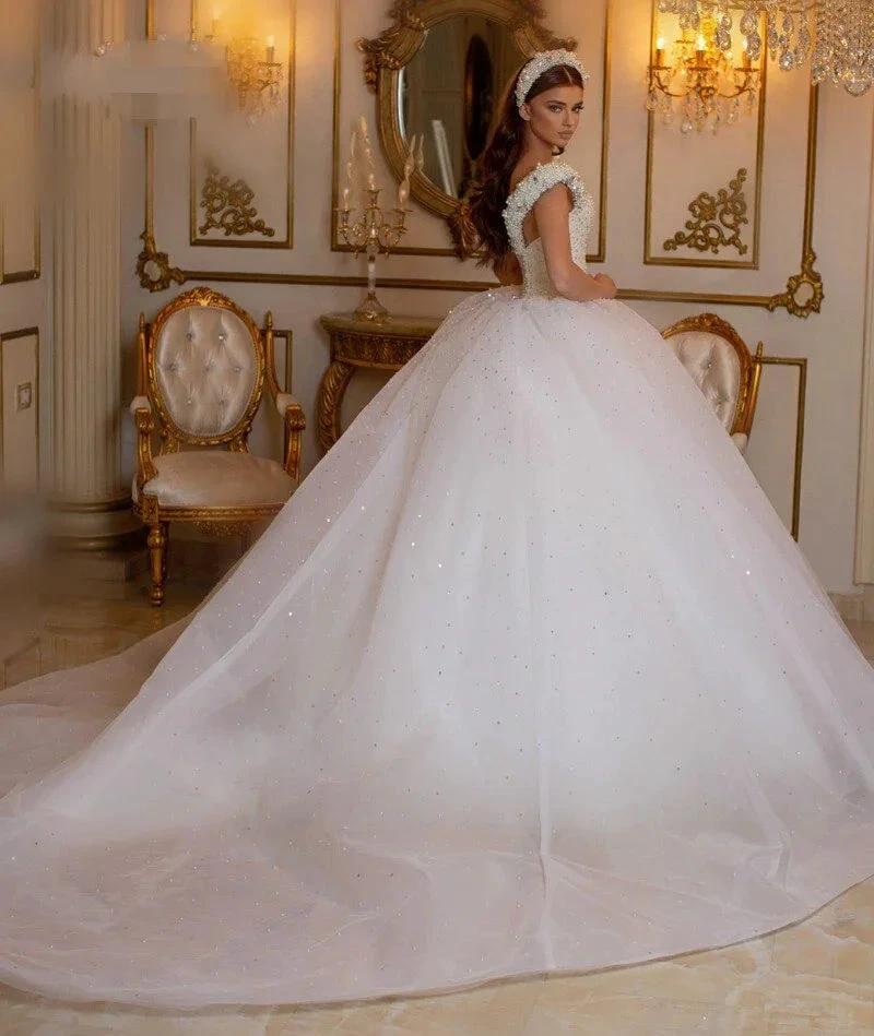 Glamorous Long Princess Off the Shoulder Beading Pearl Tulle Wedding Dress - Image 2