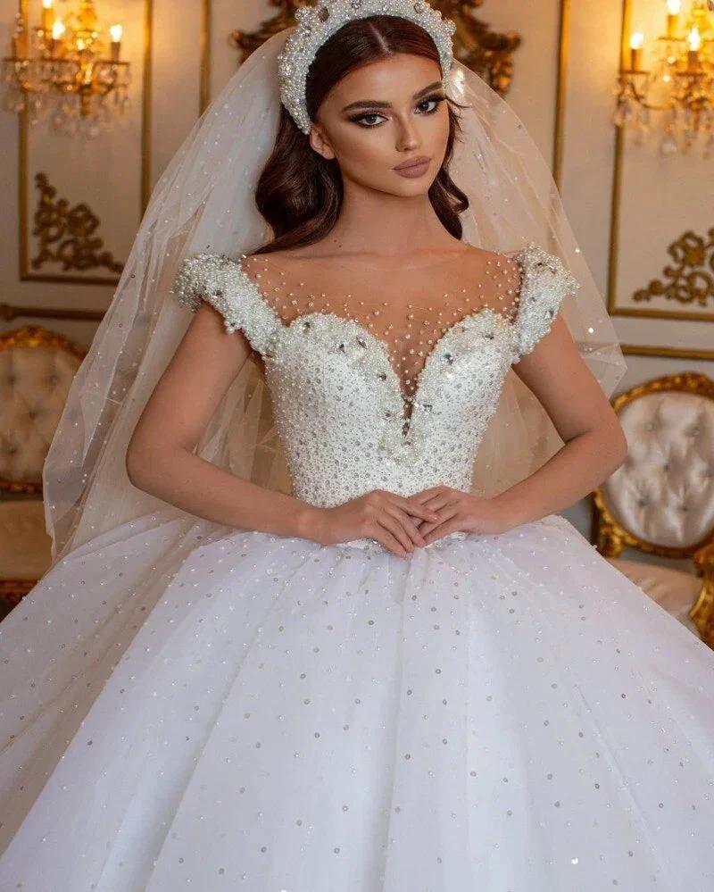 Glamorous Long Princess Off the Shoulder Beading Pearl Tulle Wedding Dress - Image 3